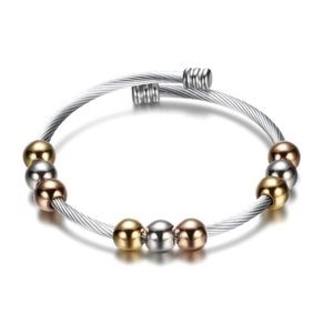 SILVER CABLE WIRE BEADED BANGLE CUFF BRACELET